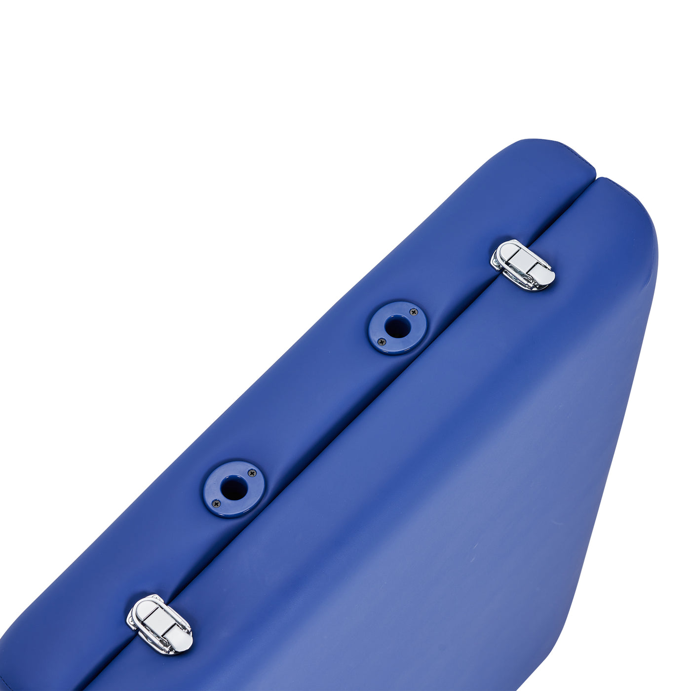 Close-up of chrome latches on Master Massage BRADY Portable Massage Table edge with two holes.