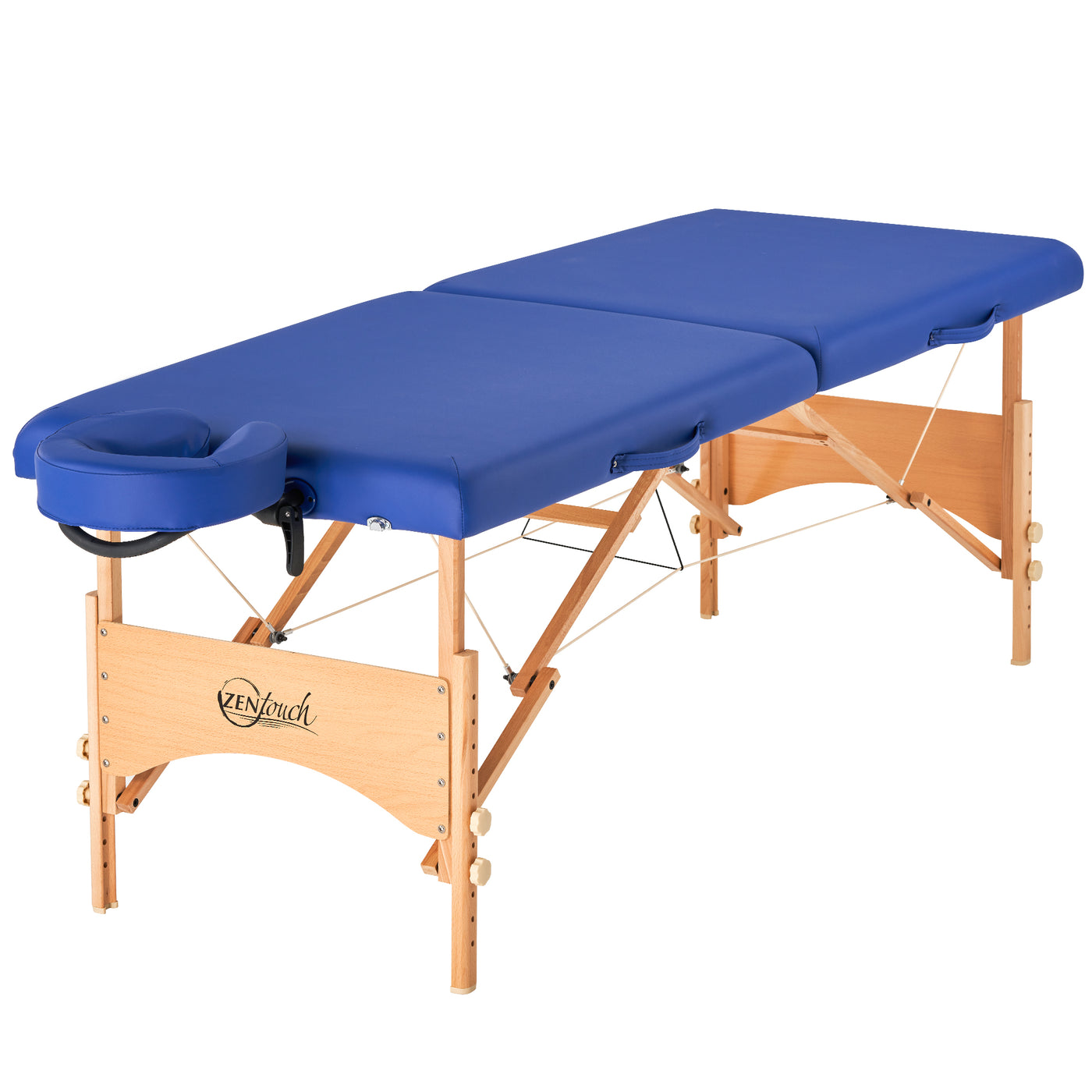 Master Massage BRADY table: blue padding, wood legs, adjustable face cradle, portable design.