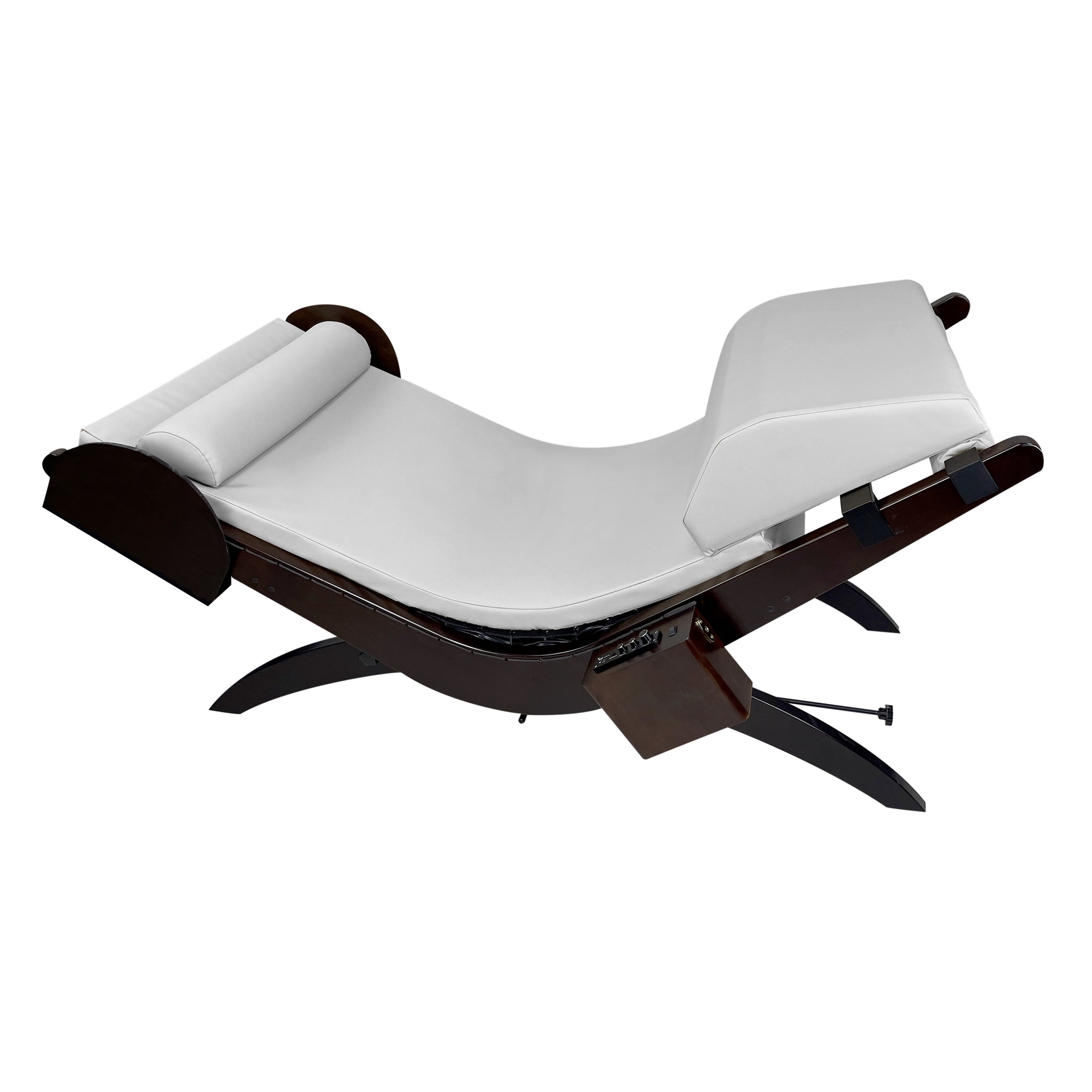 TouchAmerica Breath Pedi-Lounge: curved white recliner with RX Sound and solid knee cushion.