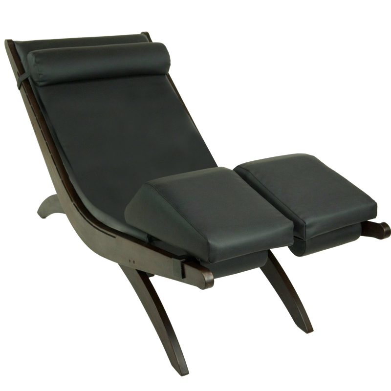 TouchAmerica BREATH Pedi-Lounge: black recliner with cushioned seat, headrest, and leg supports.