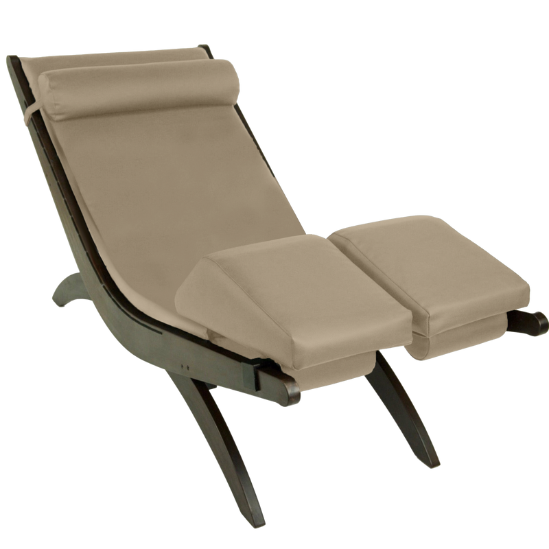 TouchAmerica BREATH Pedi-Lounge: beige cushioned, adjustable leg support, black wooden frame.