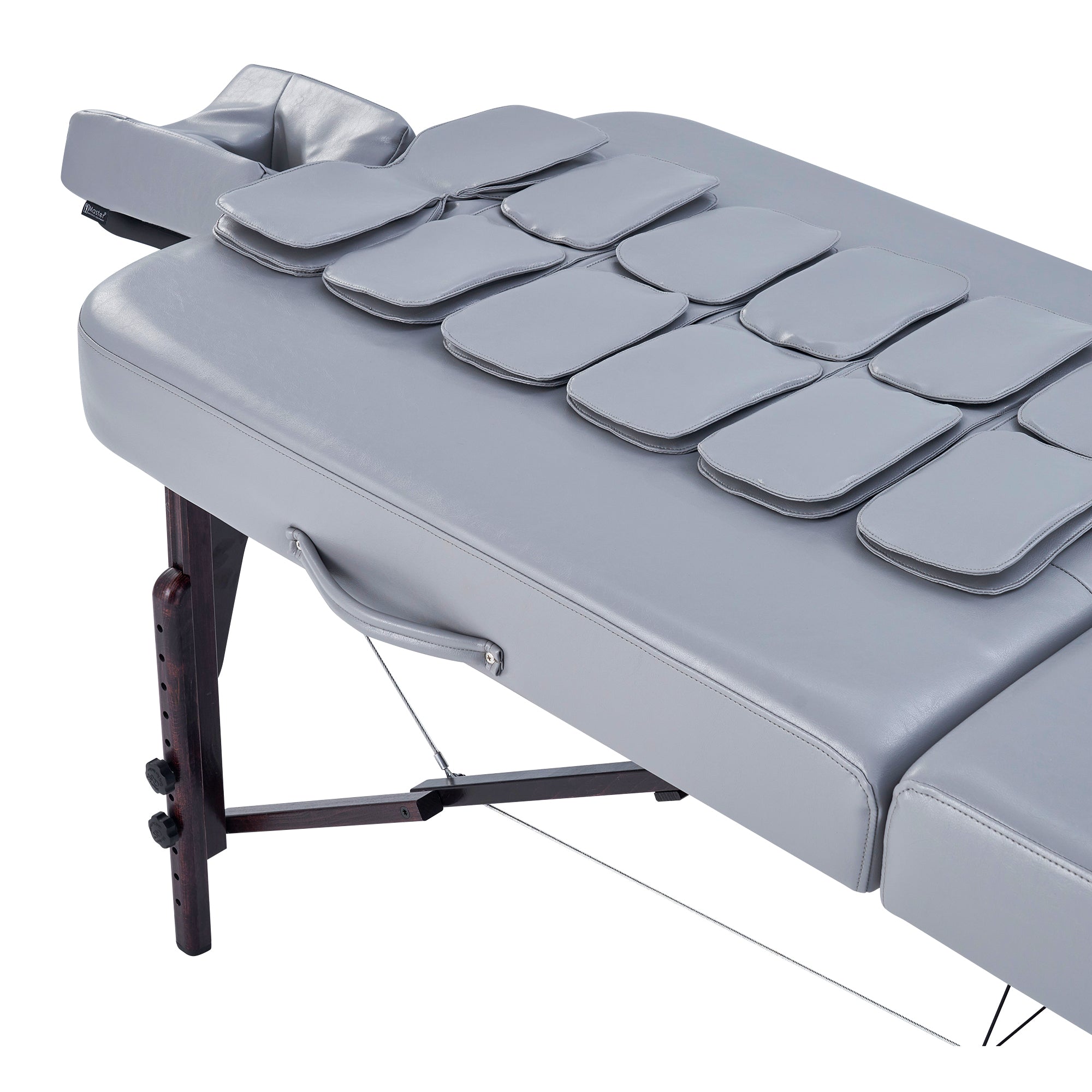 Master Massage BRISTOL Airwave Table has a gray cushion and adjustable wooden legs for full-body use.