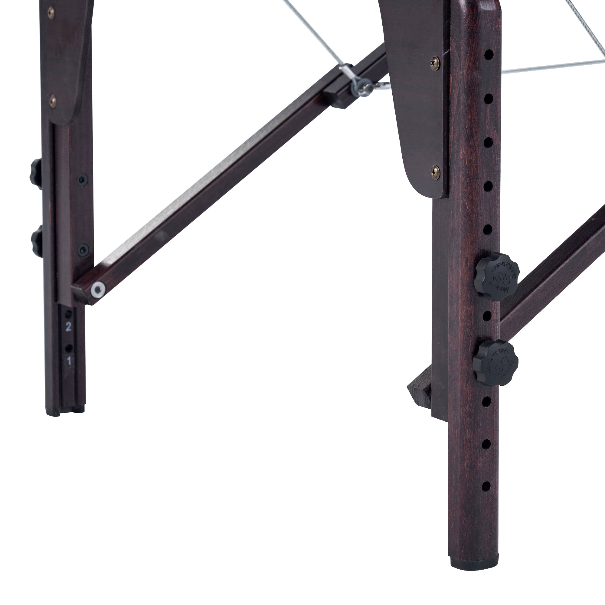 Close-up of Master Massage BRISTOL Airwave Table legs with metal bars and locking knobs.