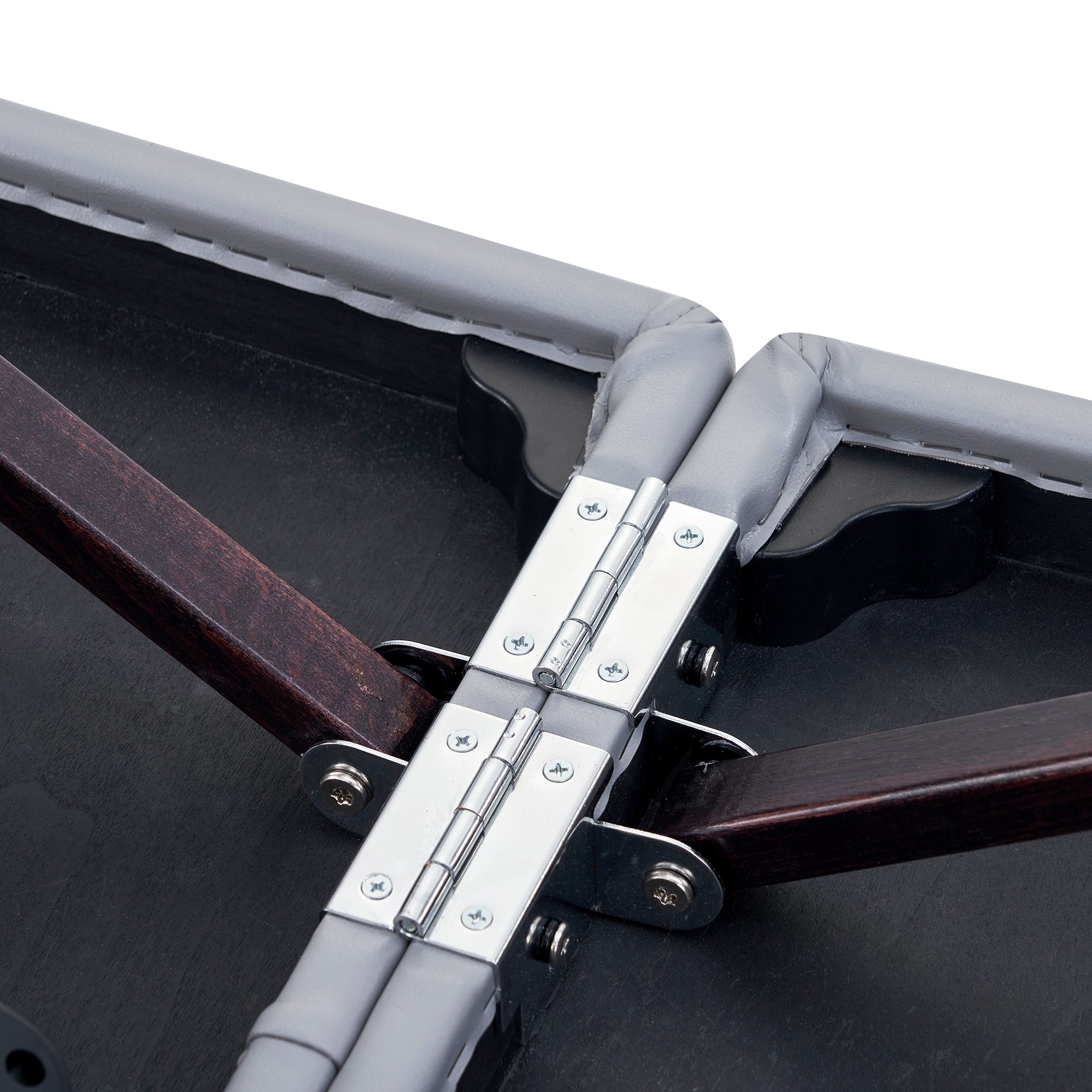 Close-up of a metal hinge on the Master Massage BRISTOL Airwave Portable Massage Table.