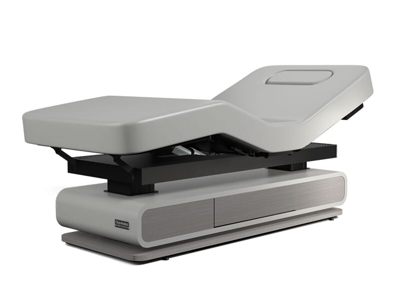 Oakworks Spa BRITTA Master's Collection Table with customizable features and modern gray base.