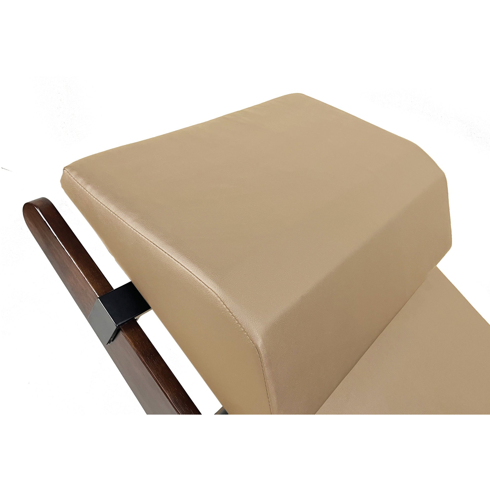 Close-up of TouchAmerica BREATH Pedi-Lounge headrest with beige cushion and wooden frame.