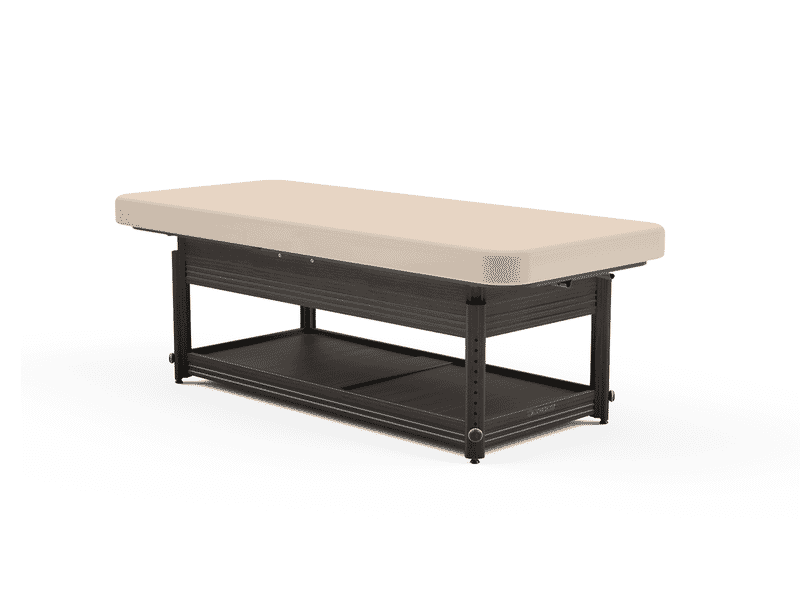 Oakworks CLINICIAN adjustable flat top table with black frame and lower storage shelf.