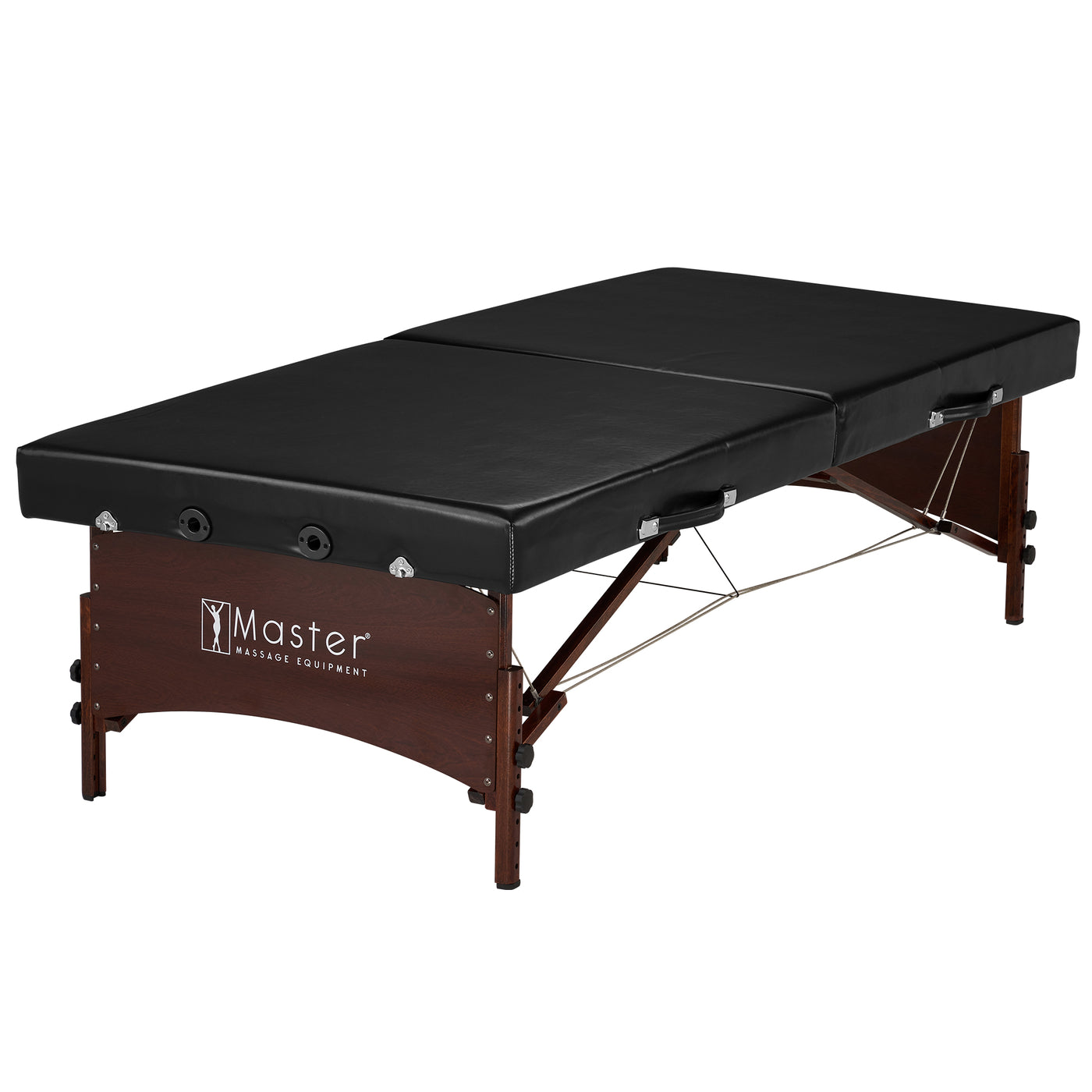 A black Master Massage Canoga super wide memory foam table with wooden legs.