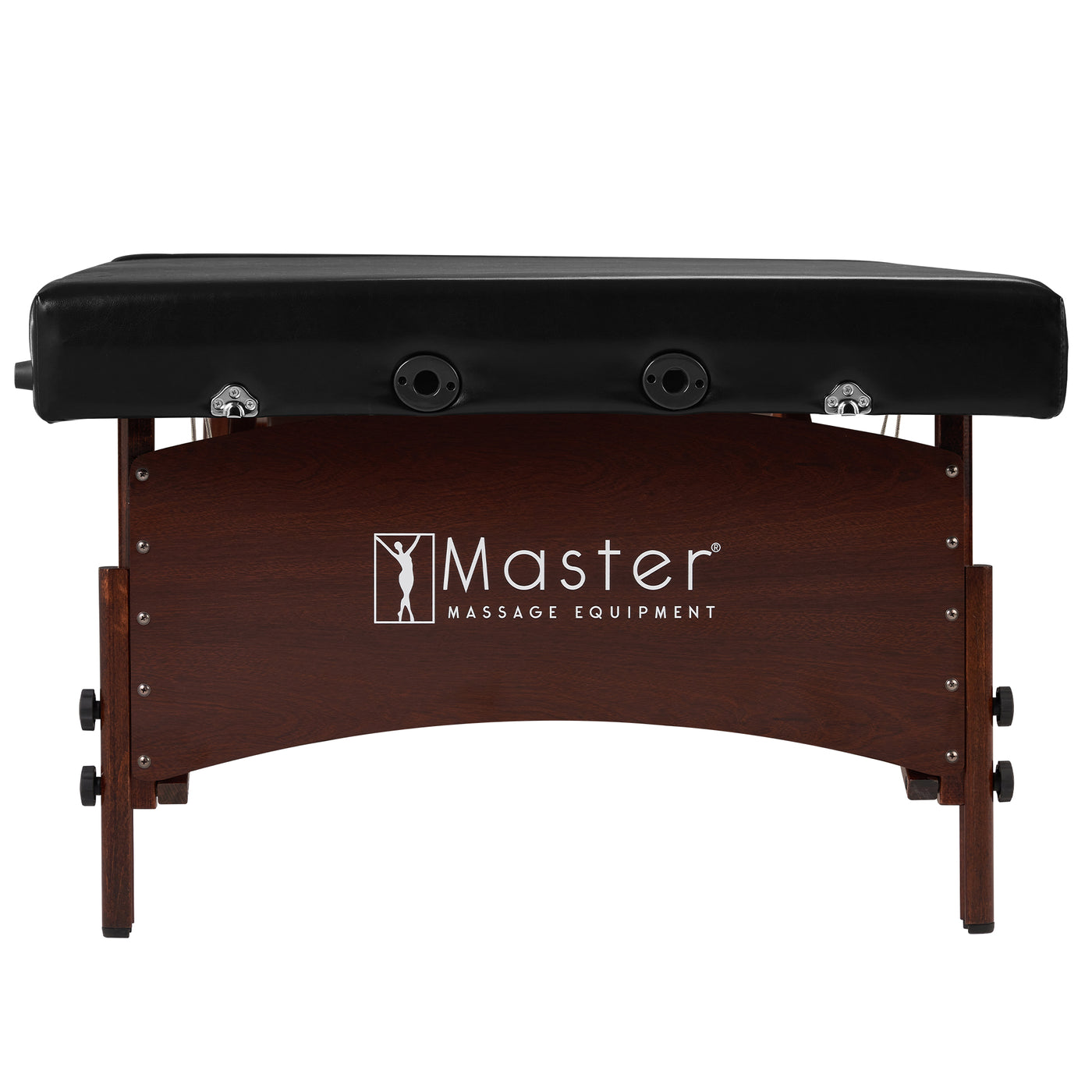 Master Massage Canoga Super Wide Table, black memory foam, wood base, Master Massage logo.