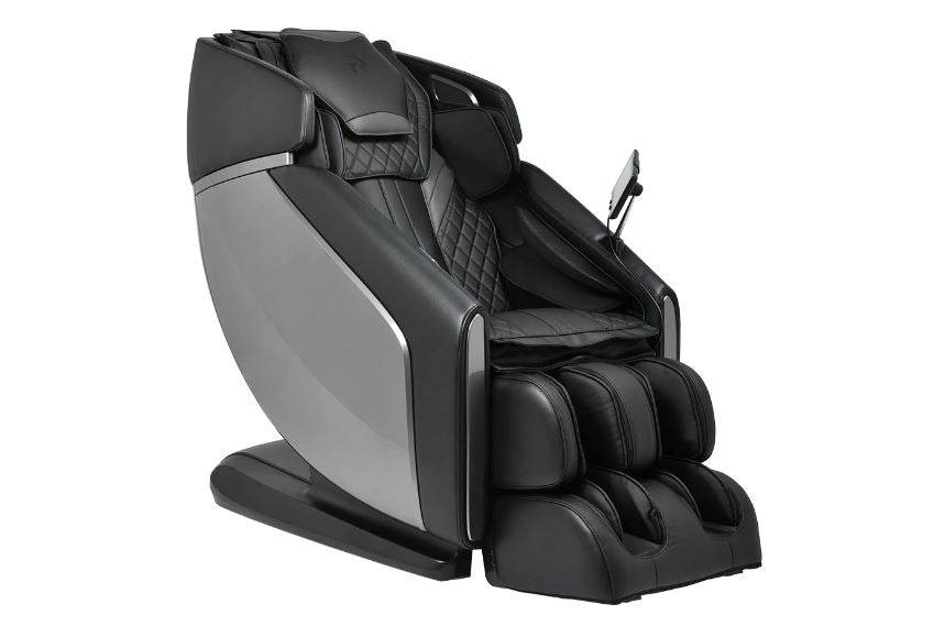 RockerTech Sensation 4D chair in black/gray with quilted padding and quad foot rollers.