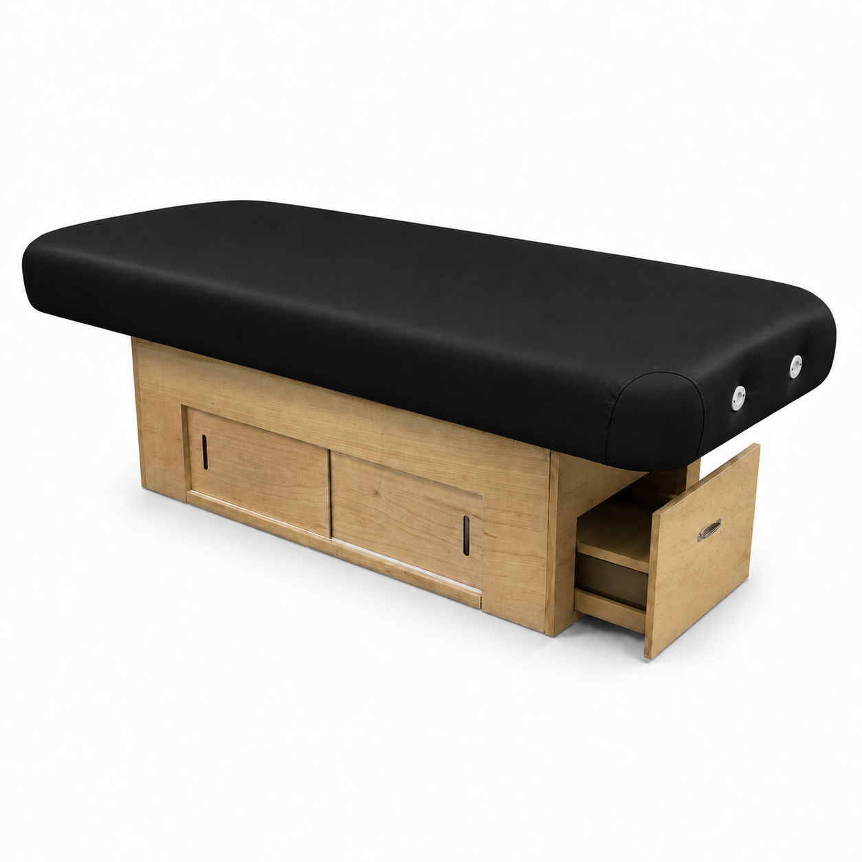 Massage table with black cushion and clear natural base on a white background