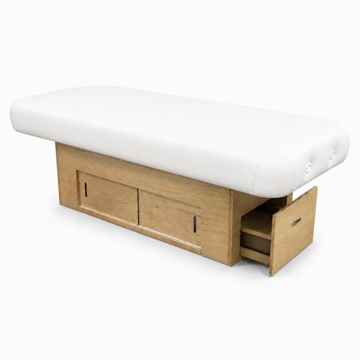 Massage table with white surface and clear natural base on a white background