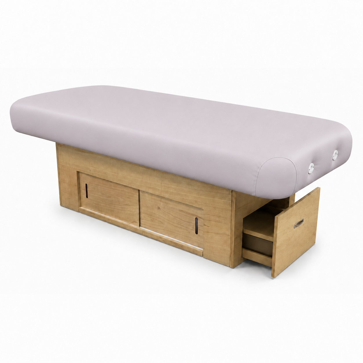 Massage table with a clear natural base and pebble cushion on a white background