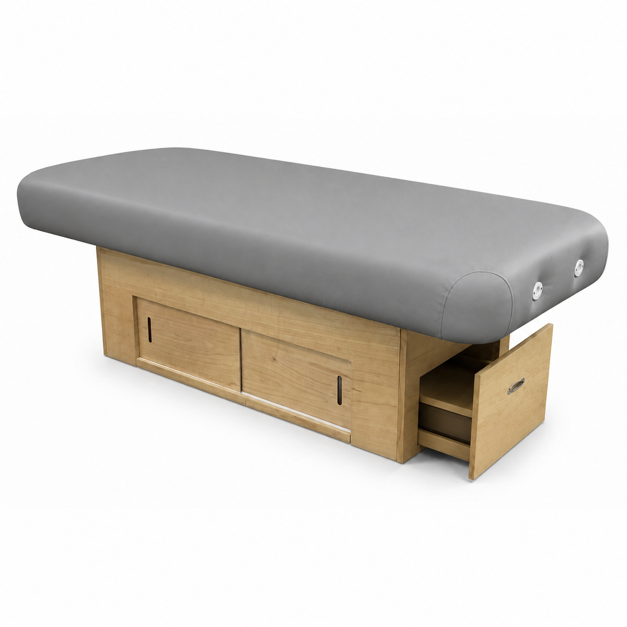 Massage table with slate cushion and clear natural base on a white background