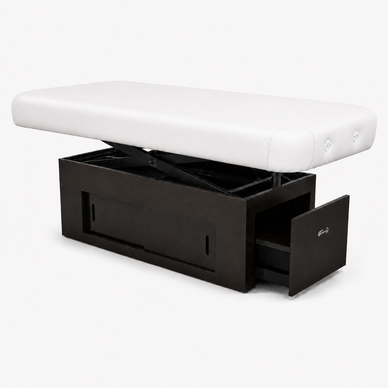 White cushioned massage table with a wenge storage drawer on a white background