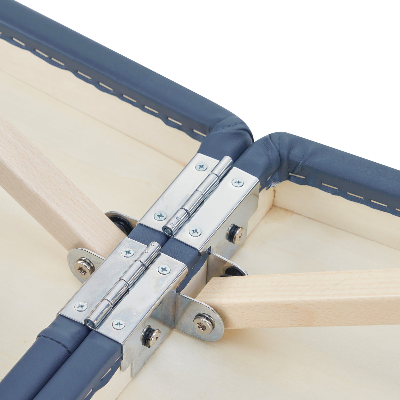 Close-up of metal hinges and screws on the Master Massage CONCORD Airwave massage table.