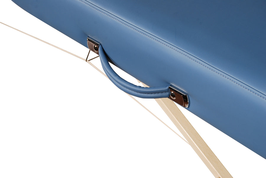 Blue padded handle on the Master Massage PHOENIX Therma-Top Portable Table with wood legs.