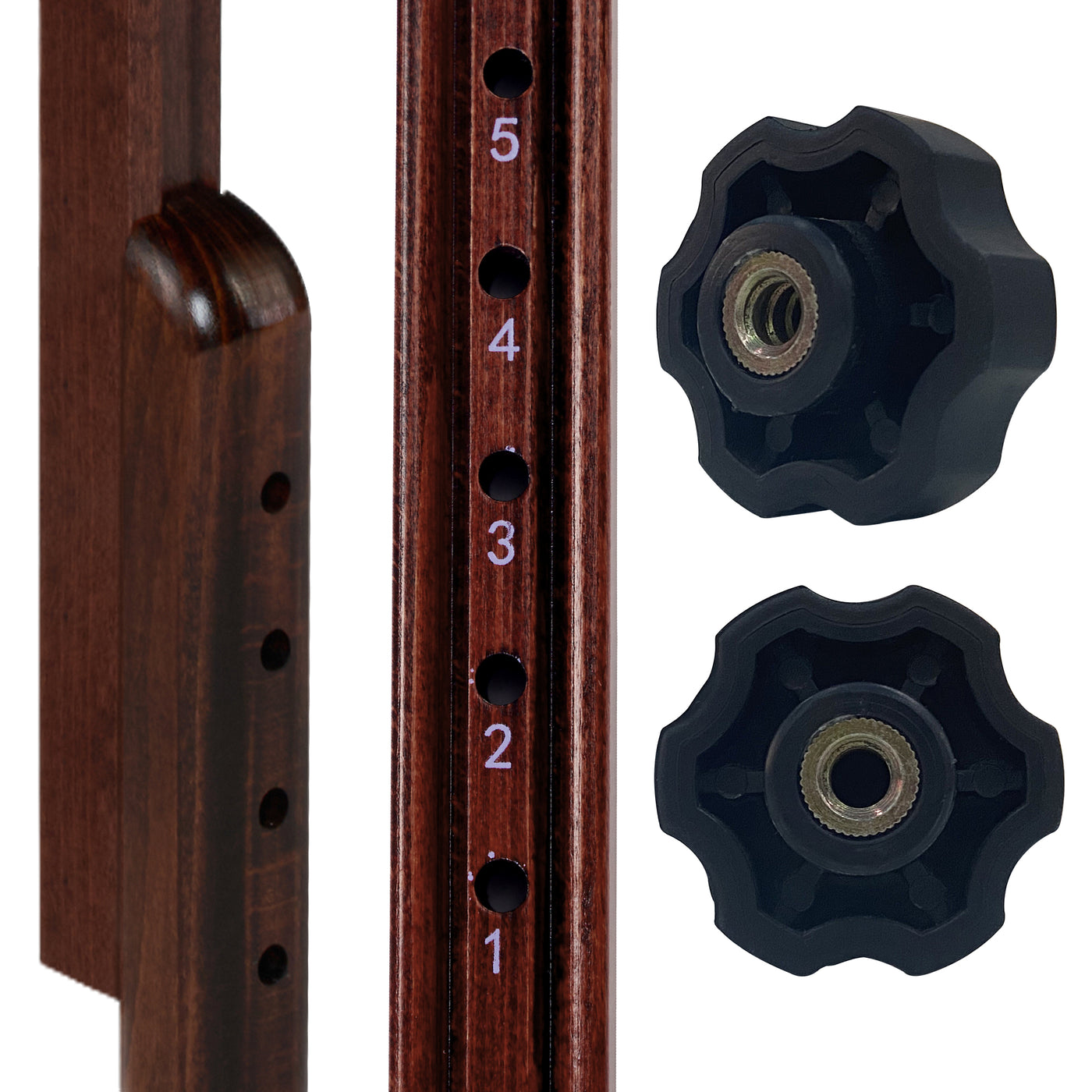 Close-up of Master Massage DEL RAY table’s wooden height adjustment pole with numbered holes.