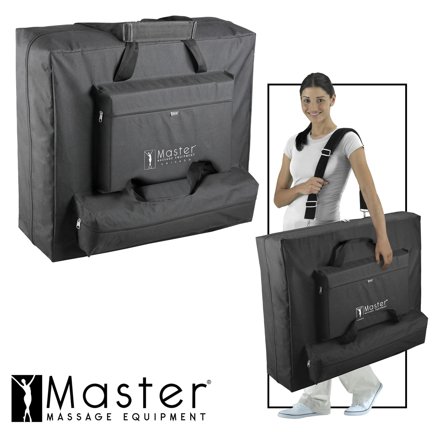 Woman carrying a Master Massage DEL RAY portable massage table case with strap and handles.