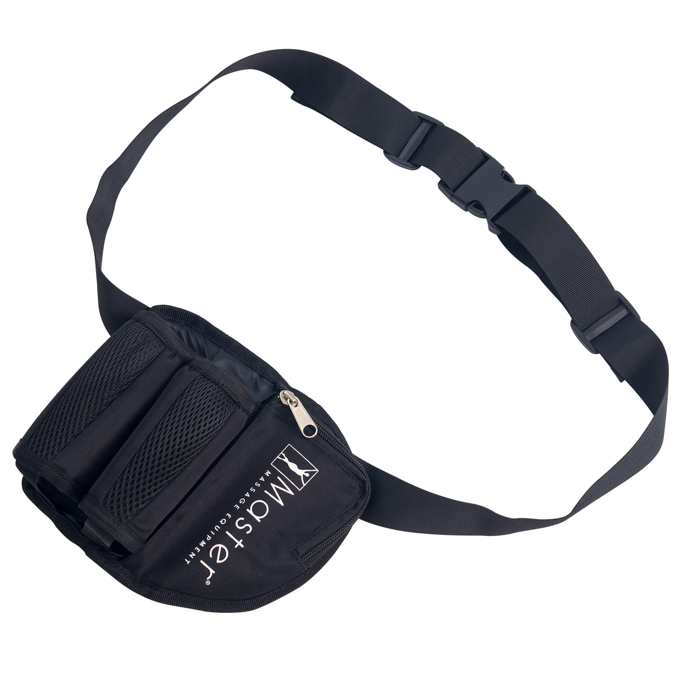Black waist bag with a strap on a white background