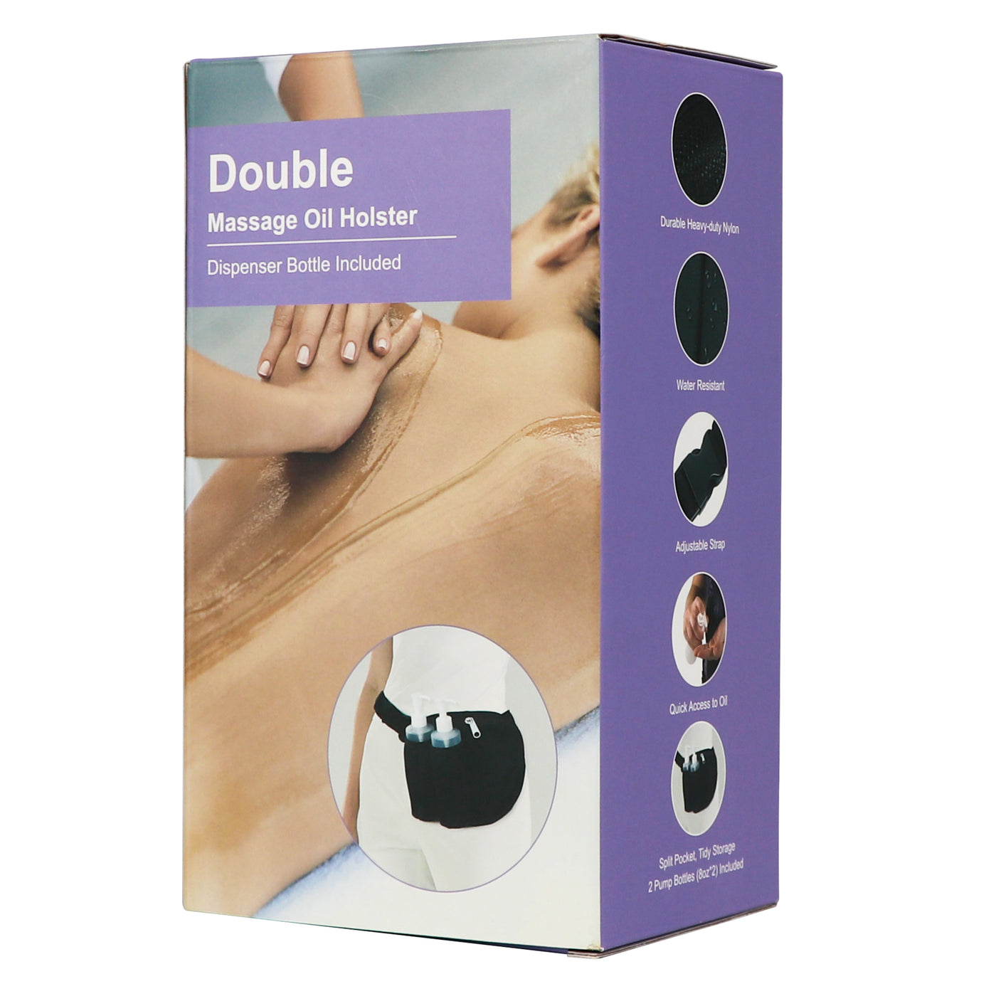 Box for a double massage oil holster with images of use on a white background