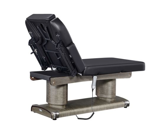 DIR Luxi 4 Motors medical spa table, black, adjustable with remote and padded cushions.