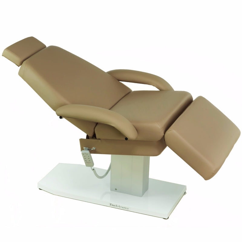 TouchAmerica EMPRESS adjustable brown spa chair with armrests, footrest, and white base.