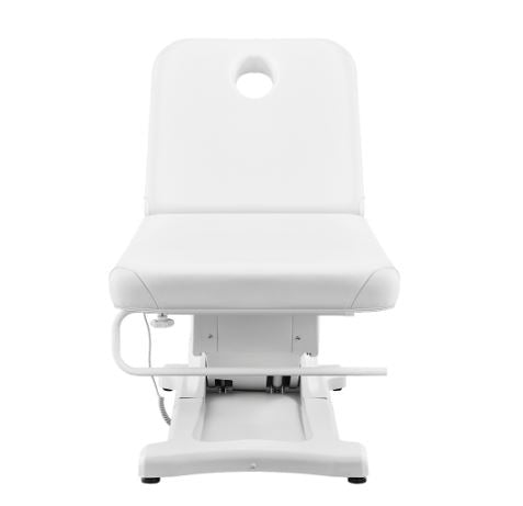 Serenity Electric Treatment Table DIR by DIR in white with headrest hole, front view.