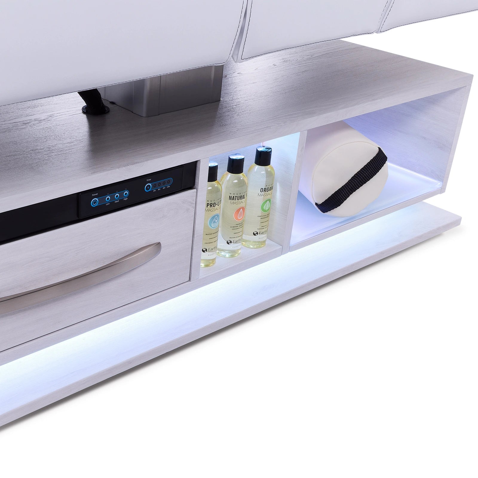 EarthLite EVEREST ECLIPSE 2.0 massage table with shelf, towel, drinks, controls & LED lighting.