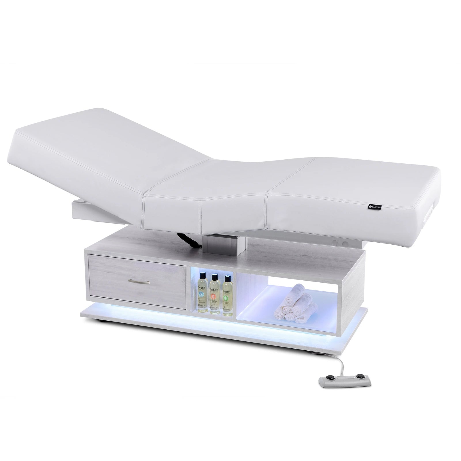 EarthLite EVEREST ECLIPSE 2.0 massage table with shelves, drawer, LEDs & remote control.