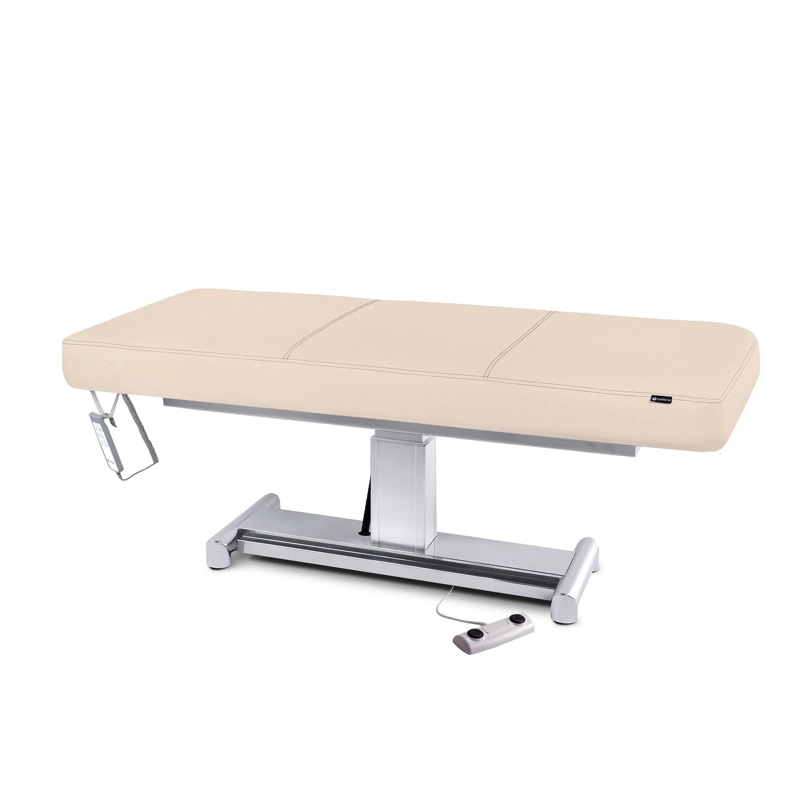 EarthLite EVEREST LX beige ADA table with metal base, remote, and adjustable height.