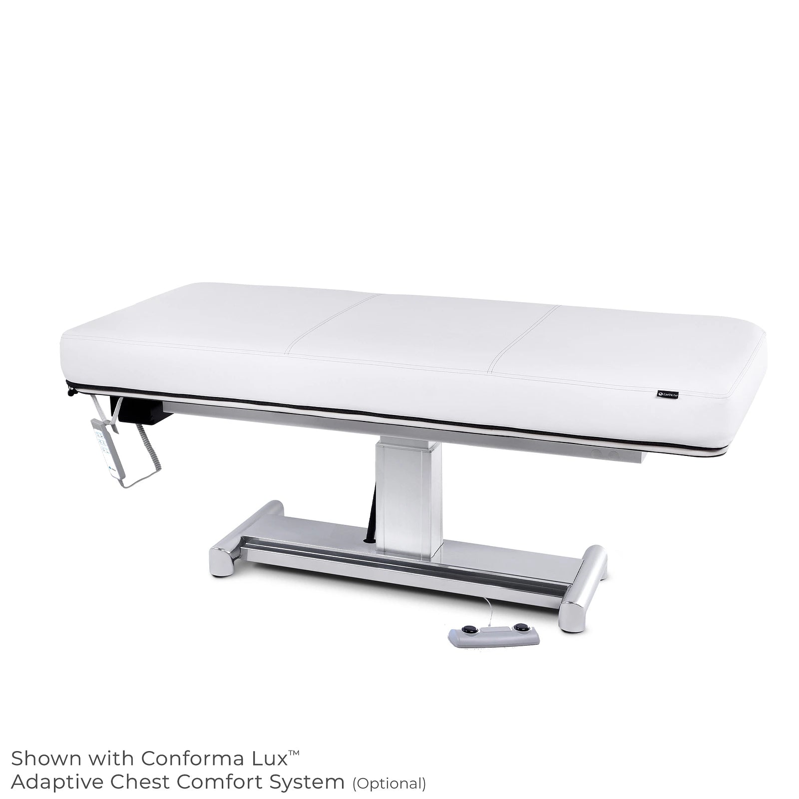 EarthLite EVEREST LX flat treatment table with replaceable mattress and control panel.