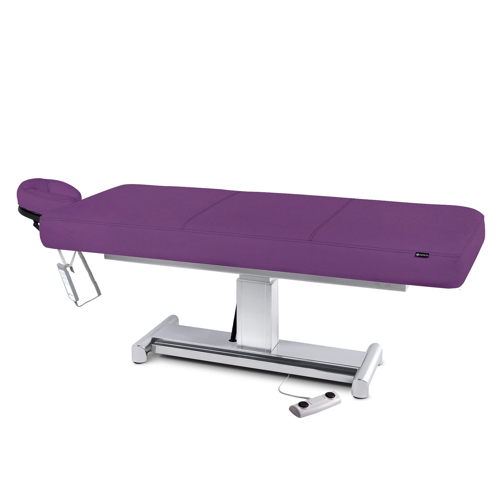 EarthLite EVEREST LX treatment table with adjustable height and plush purple mattress.