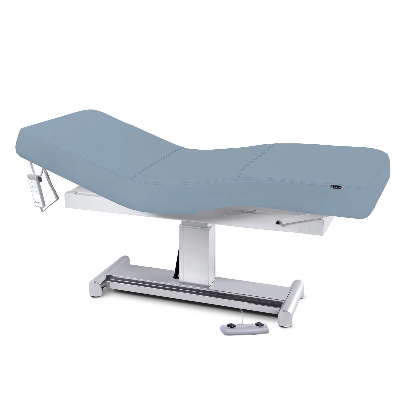 EarthLite Everest LX Salon Table with replaceable mattress and electronic controls, blue PU fabric.