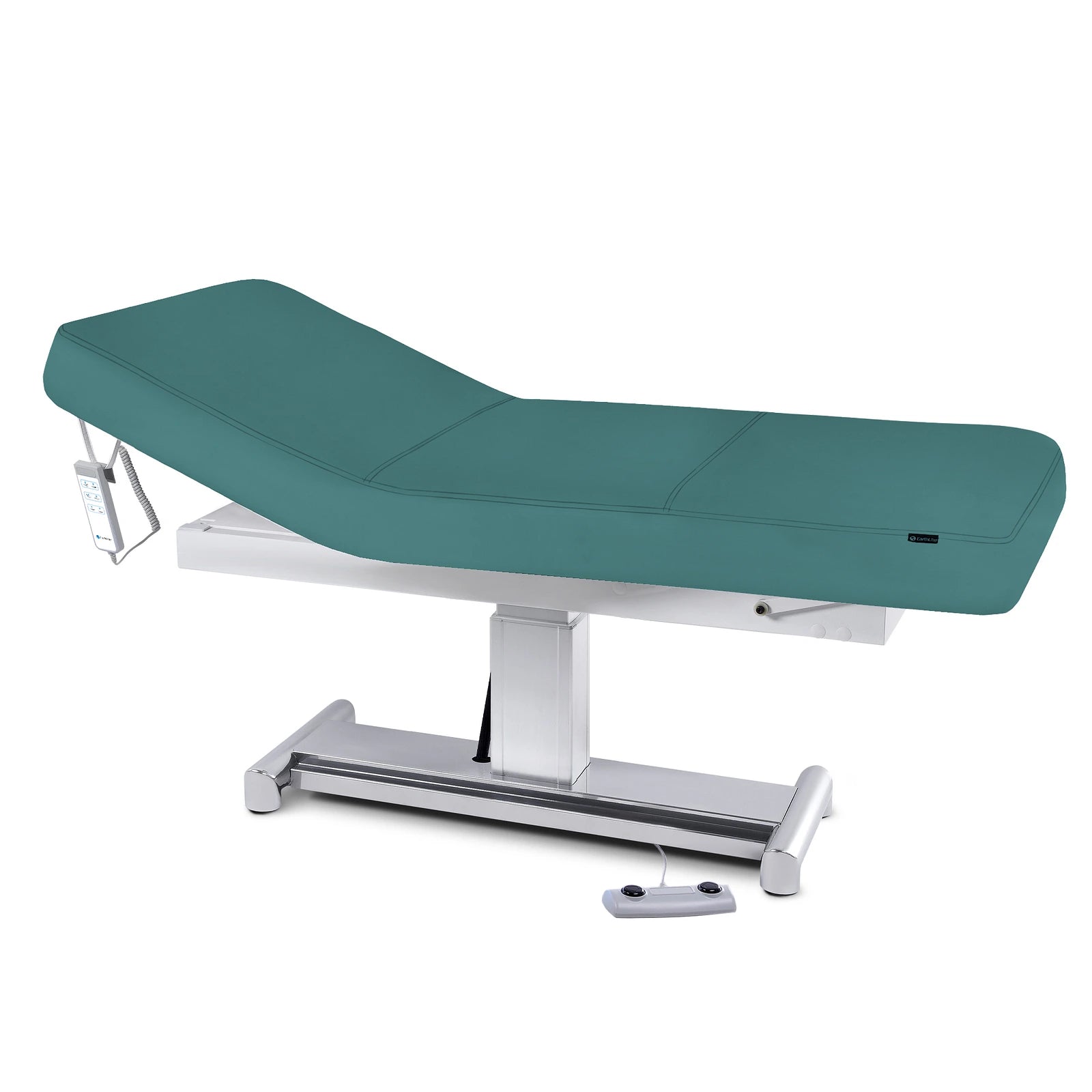 EarthLite EVEREST LX Tilt Table with replaceable mattress and handheld control panel.