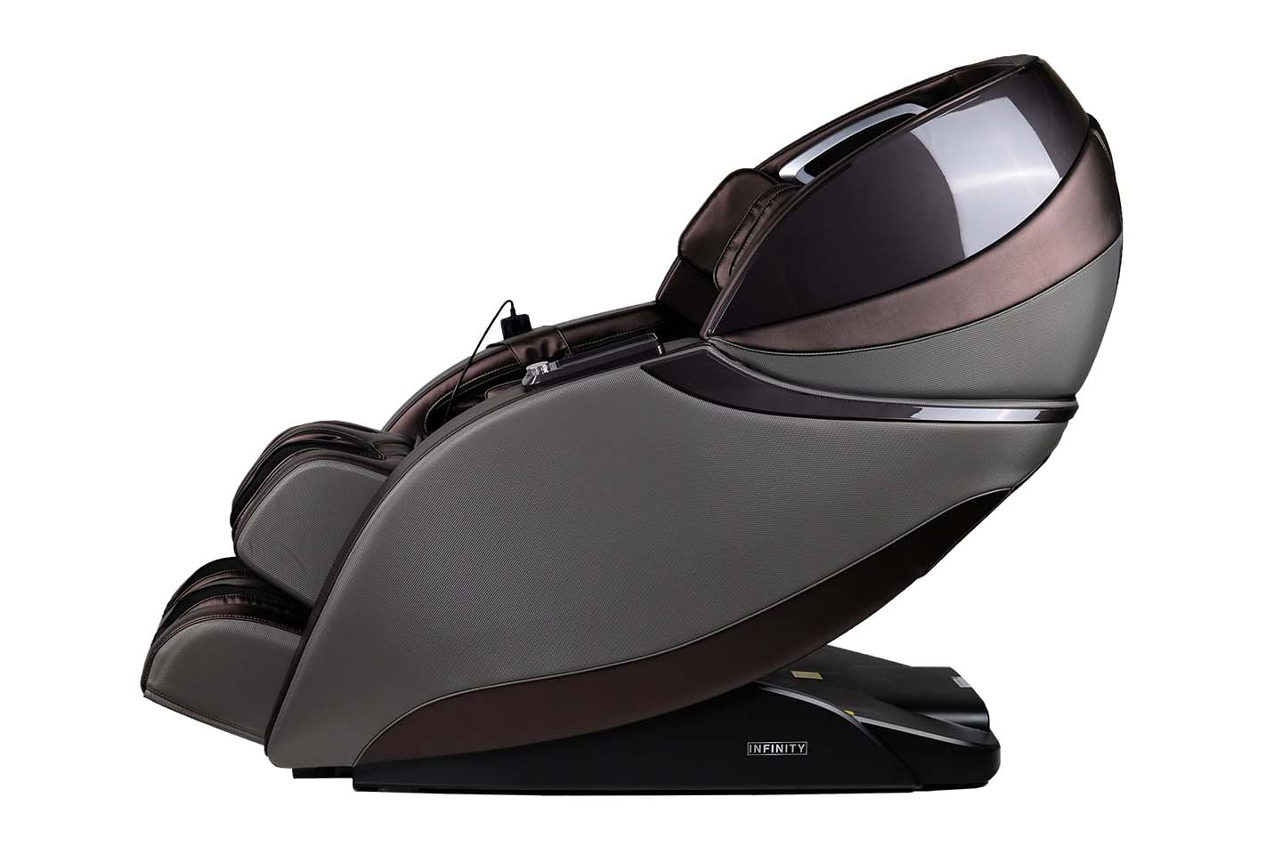 Side view of a certified preowned Infinity Evo Max 4D massage chair with sleek, curved design.