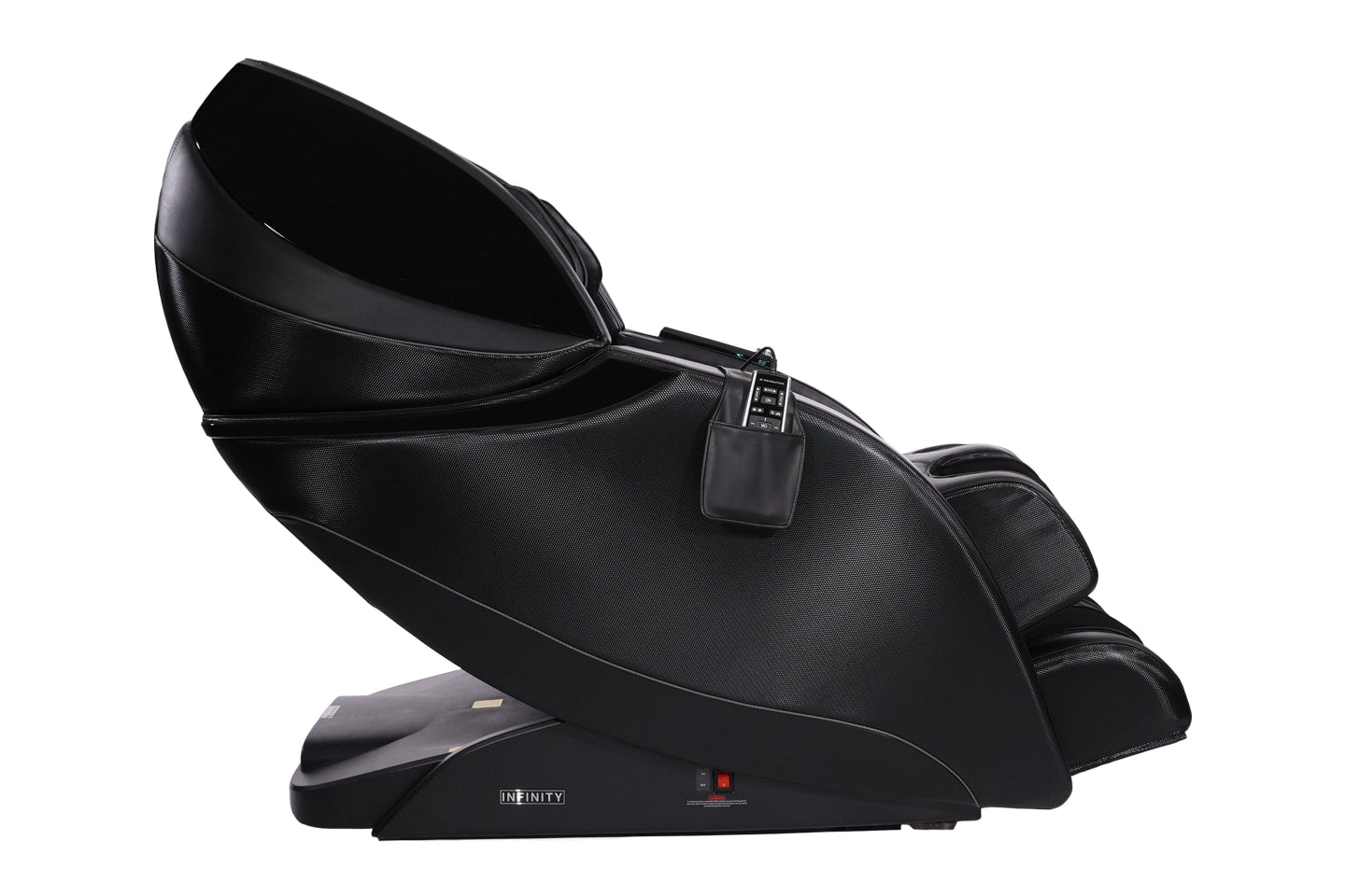 Certified preowned Infinity Evo Max 4D Electric Massage Chair, reclined, side view, with remote.