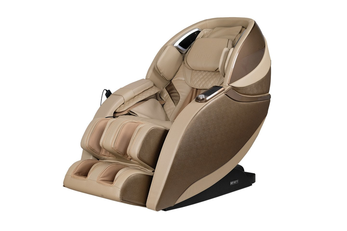 Beige and brown Infinity Evo Max 4D chair with padded arm, leg, and headrests. Certified Preowned.