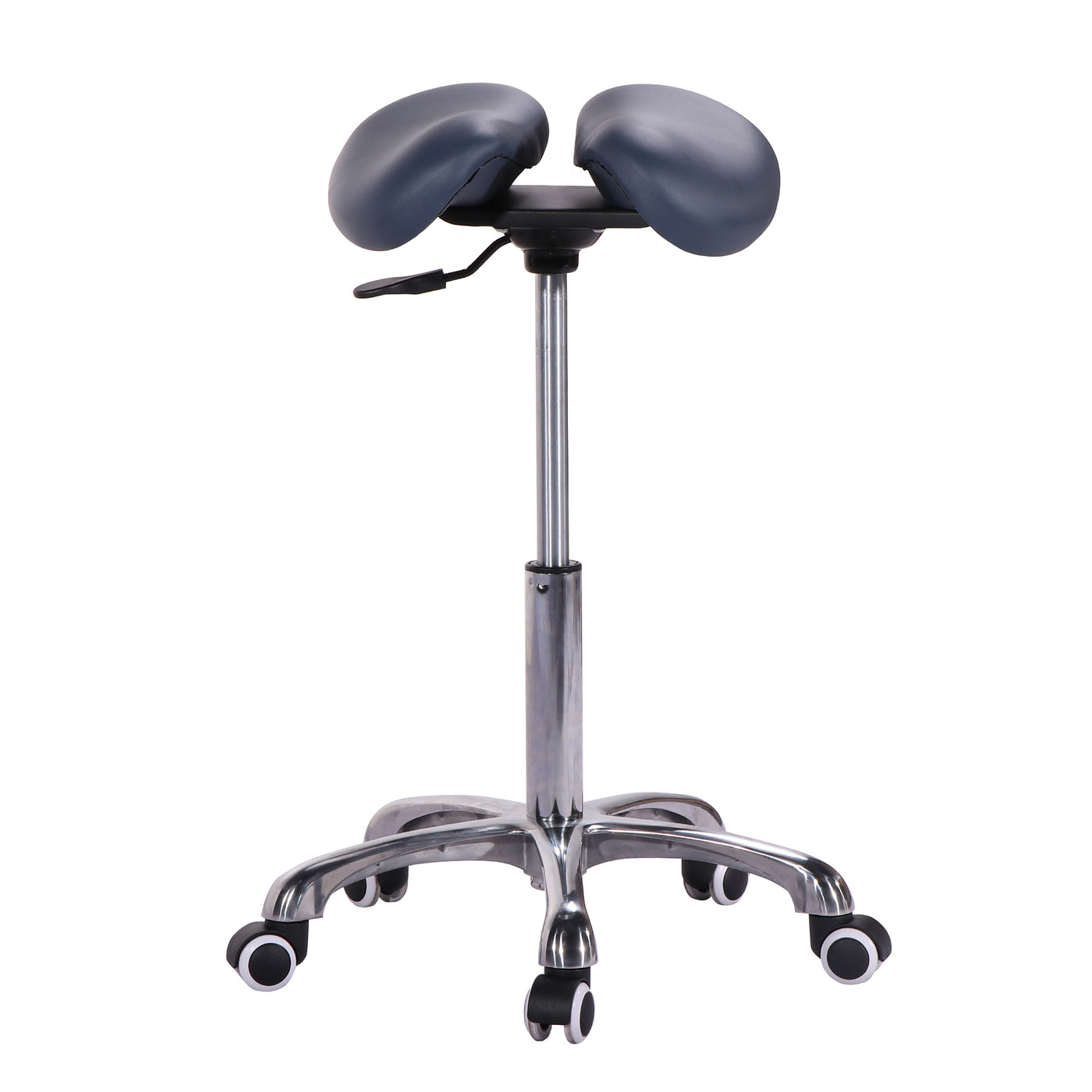 Saddle-style stool with adjustable height on a white background