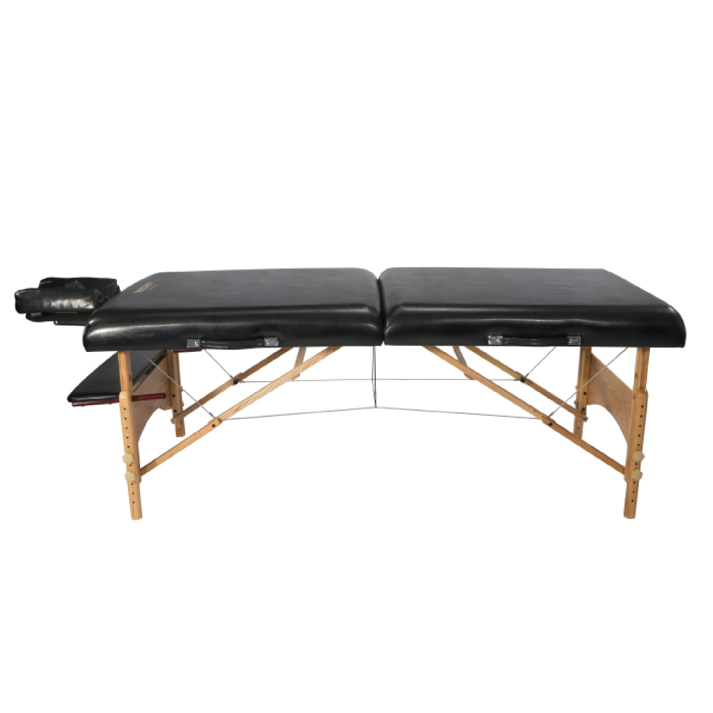 Master Massage HUSKY GIBRALTAR portable table, black, wood legs, memory foam face cradle, front.