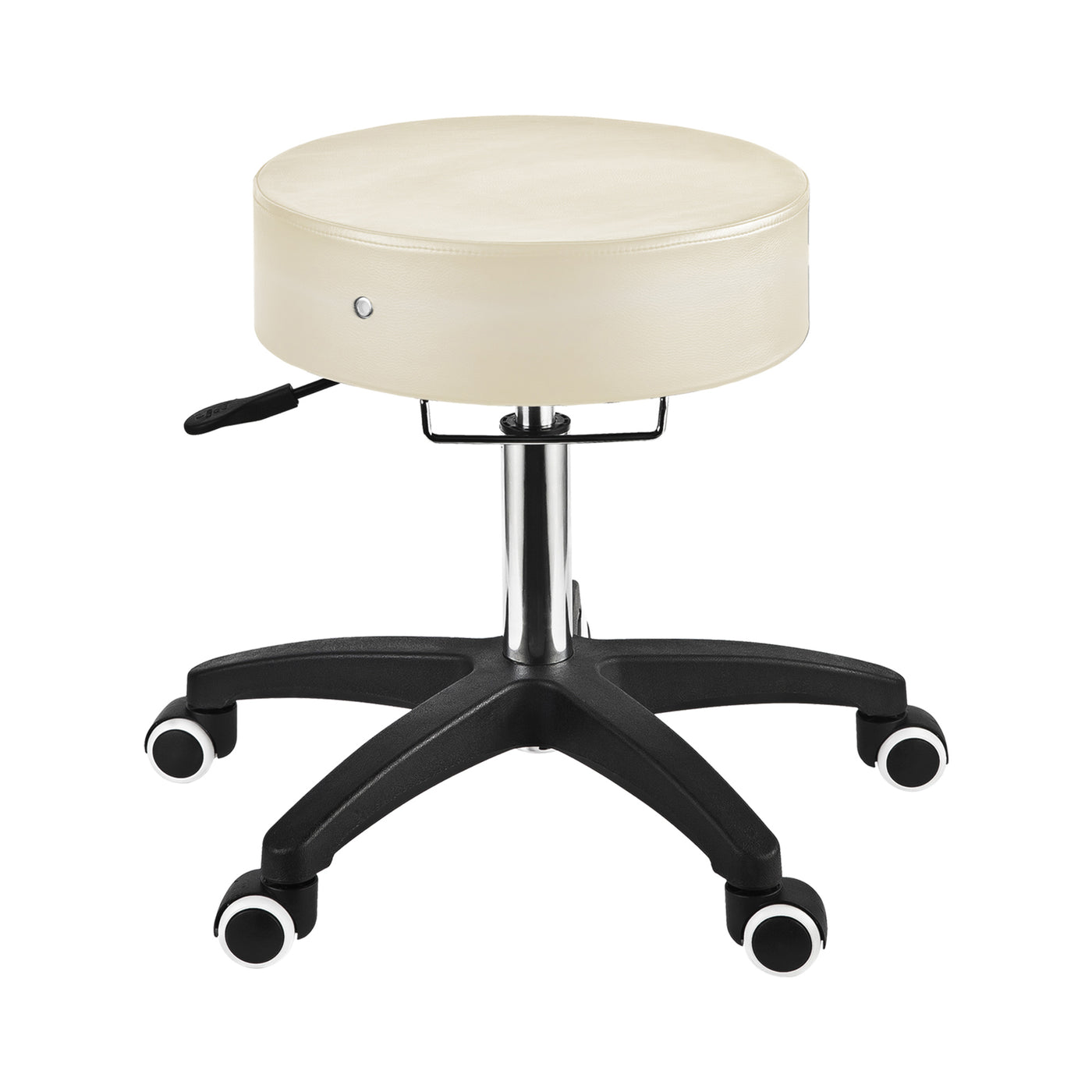 Master Massage The Glider beige adjustable rolling stool with swivel seat, black 5-leg base.