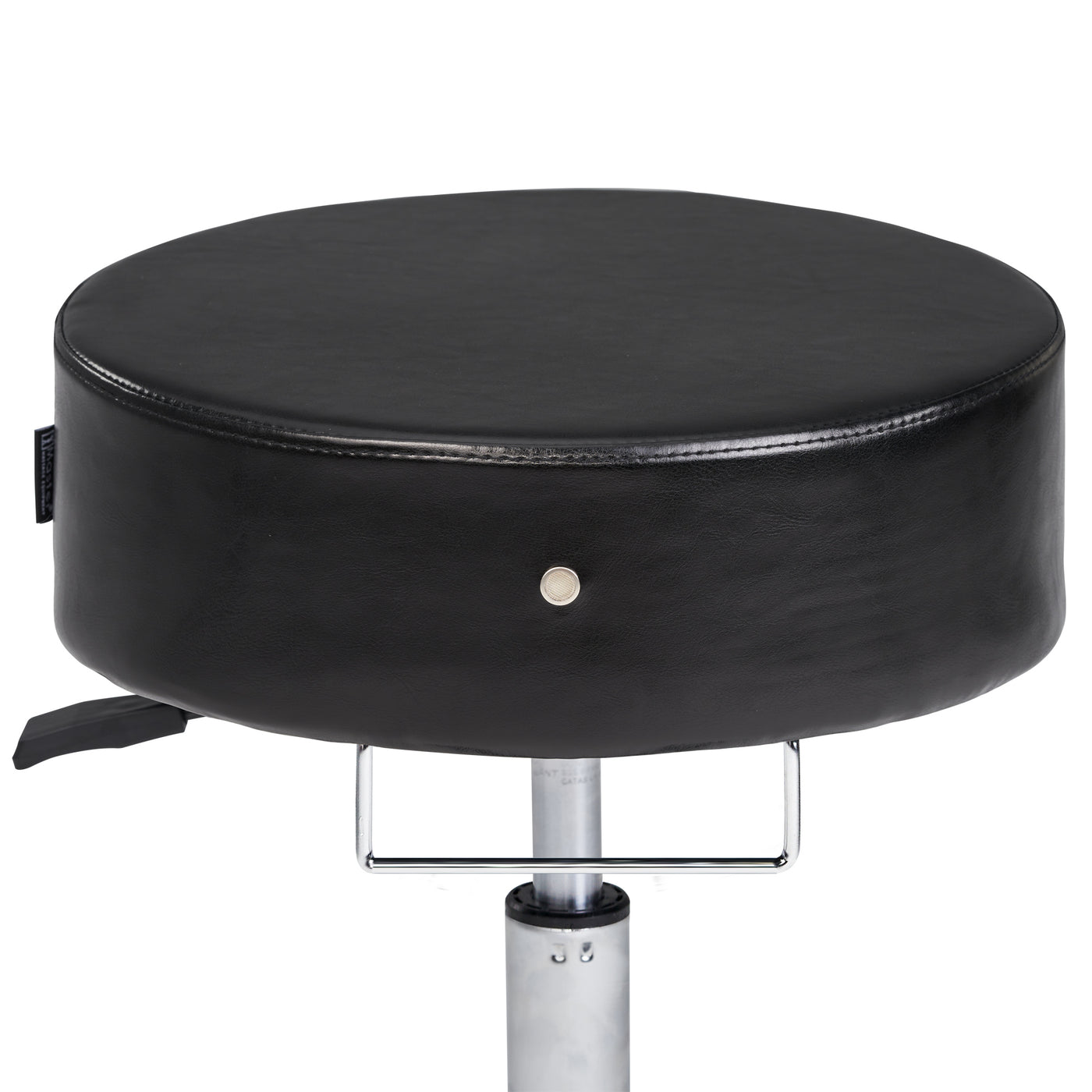 Black leather stool with metal base on a white background