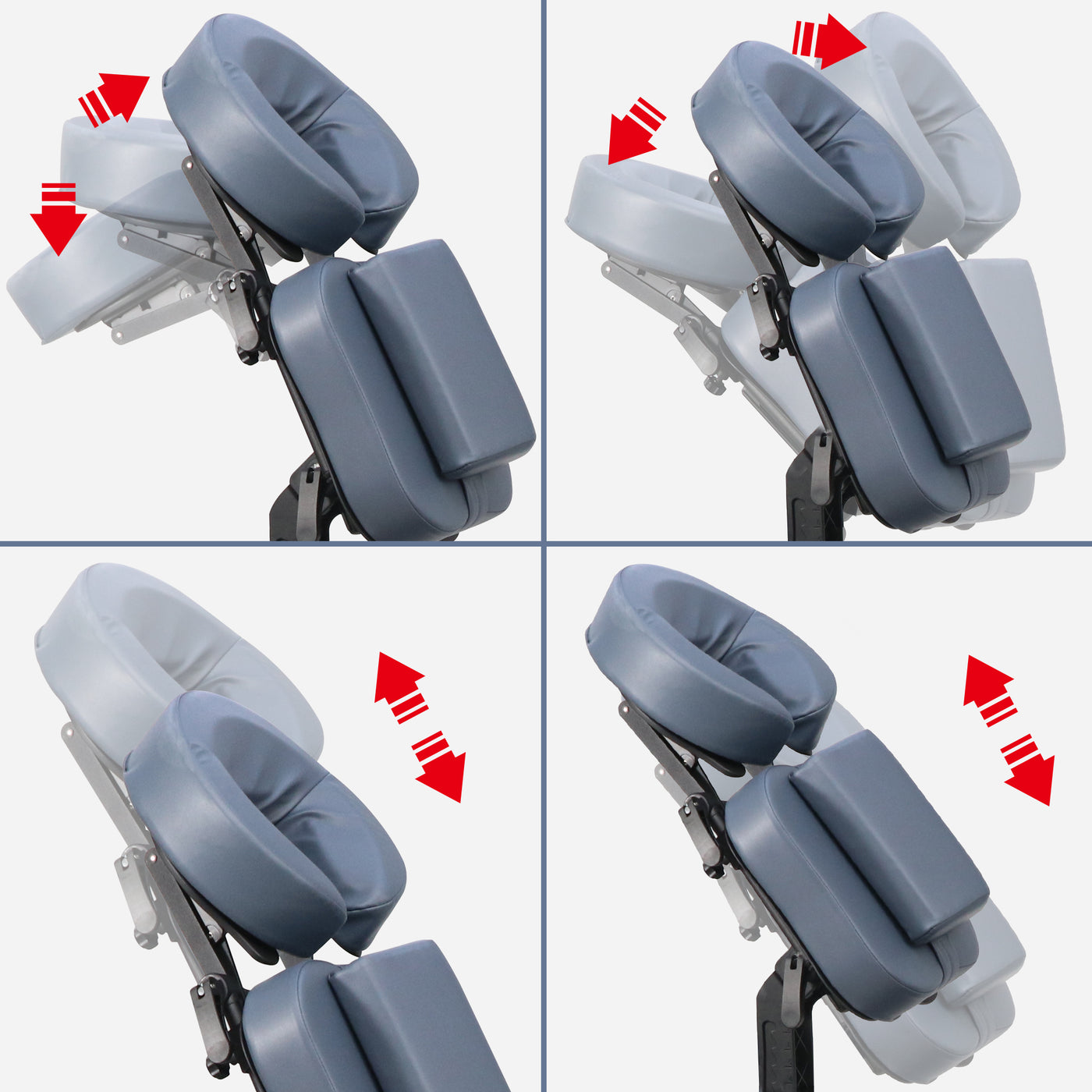 Master Massage Gymlane Chair’s adjustable headrest shown in tilt and height positions with arrows.