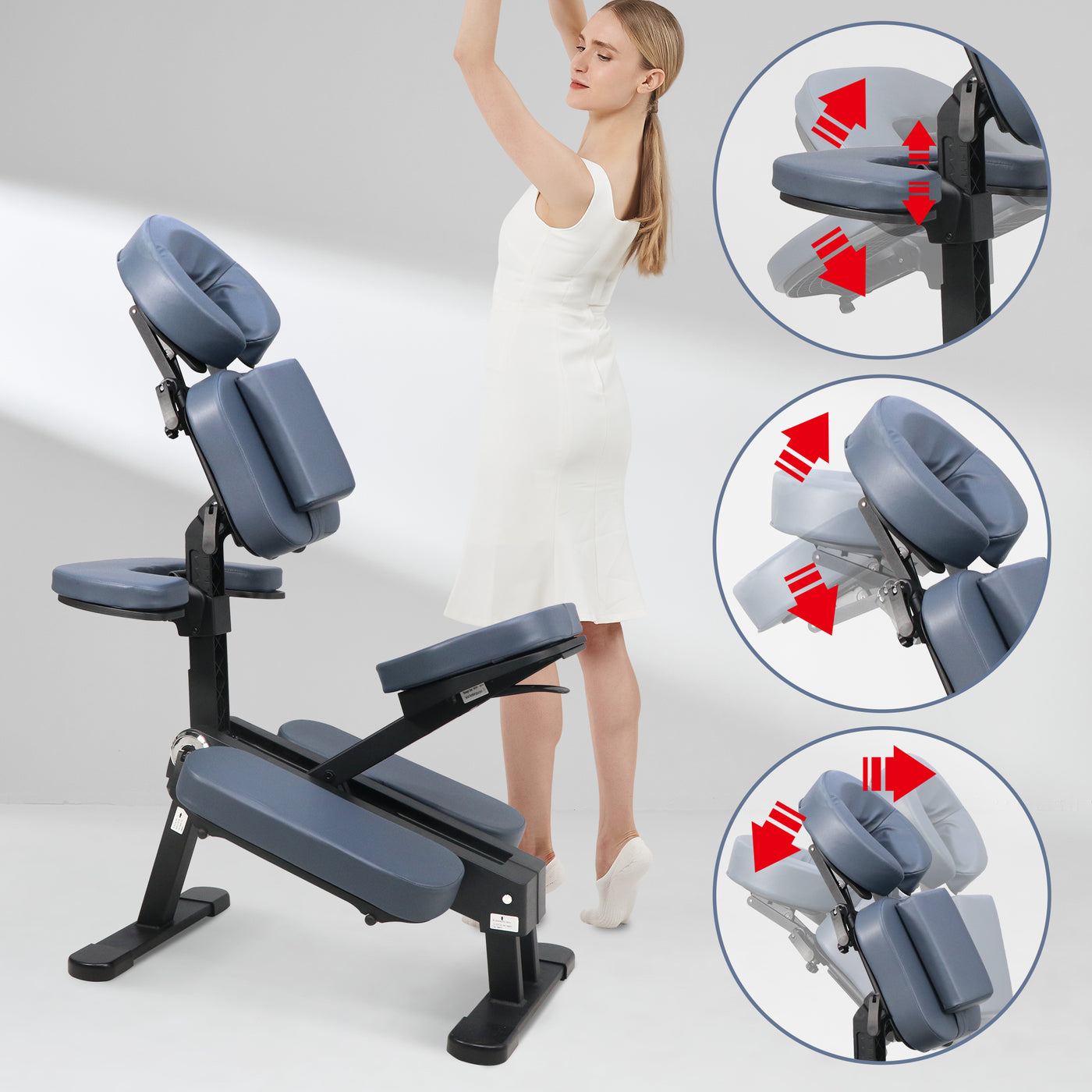 Woman stands by Master Massage Gymlane Portable Massage Chair, showing adjustable features.