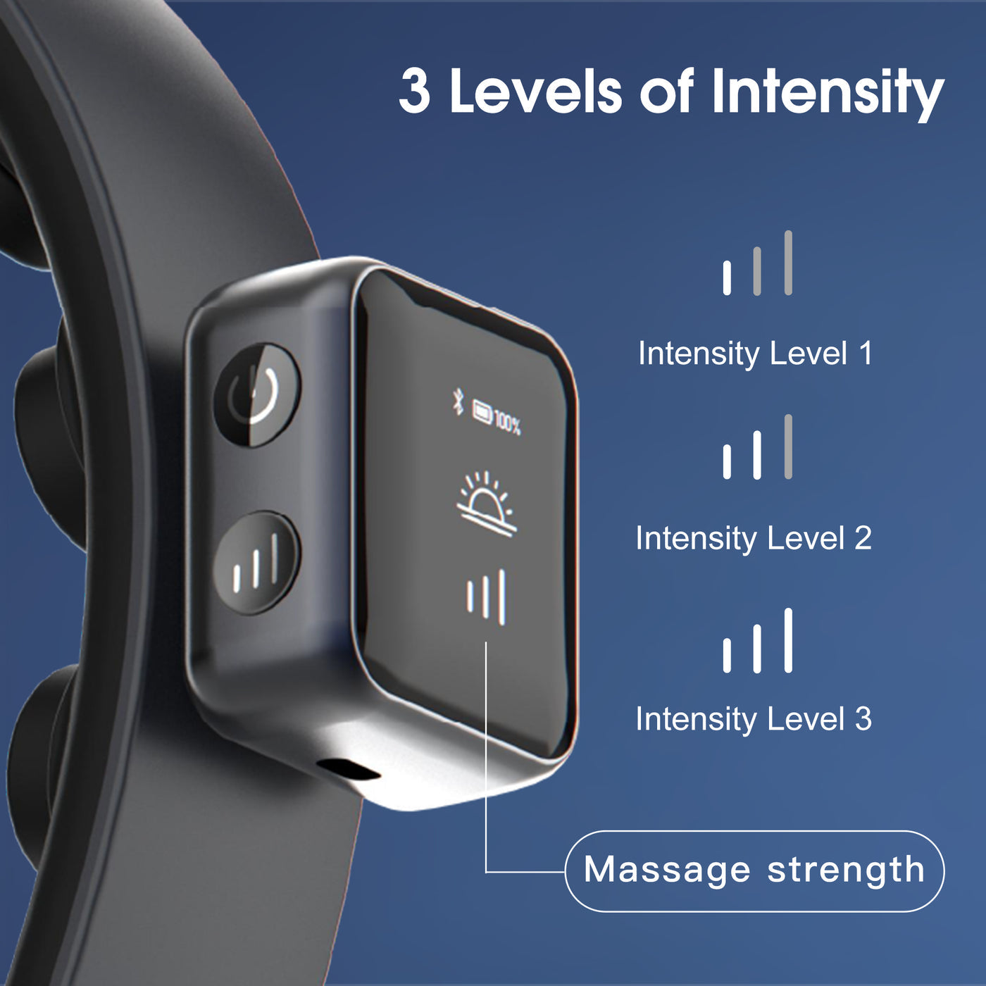 Massage device with intensity level indicators on a blue background