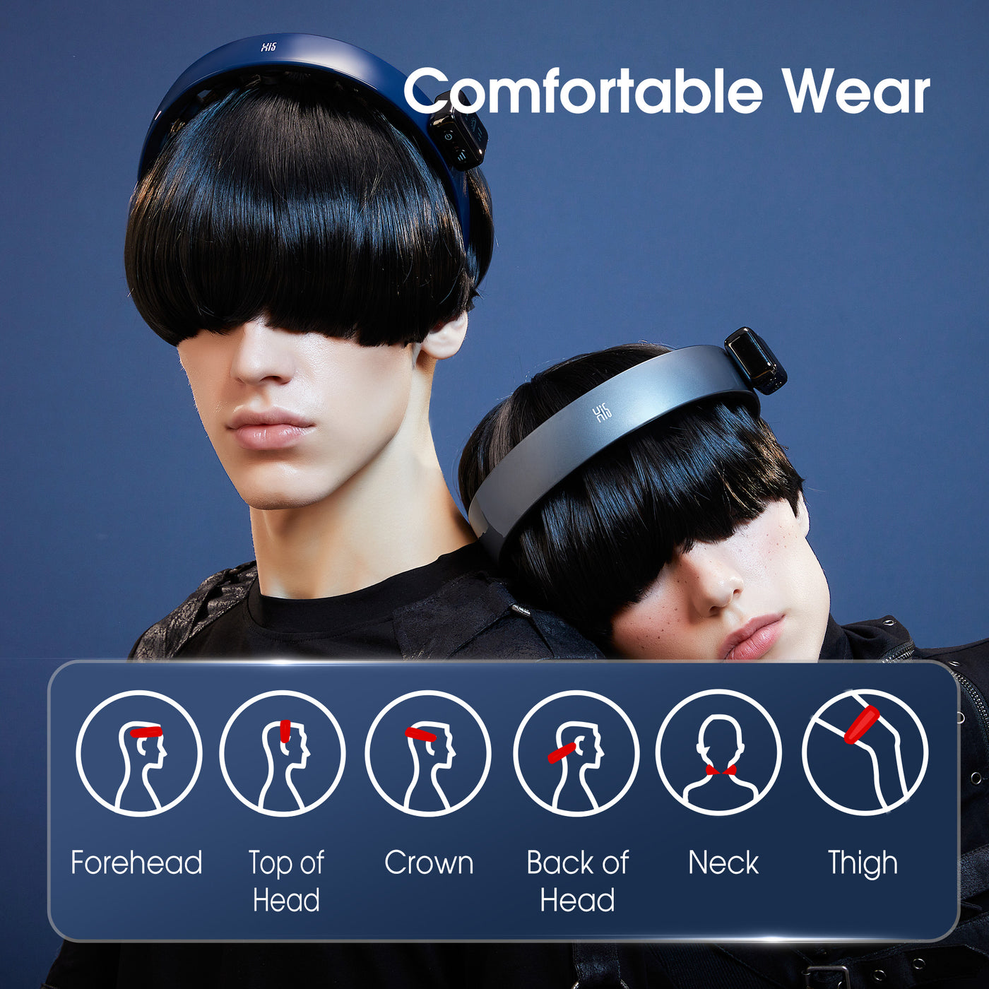 Two people wearing H1 Deluxe Electric Scalp Massager with a blue background and text about comfortable wear.