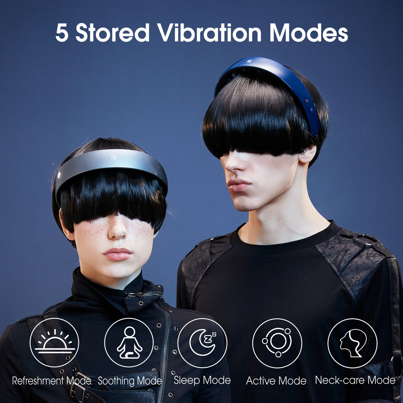 Two people wearing H1 Hands-Free Scalp Massager with vibration mode icons displayed below on a dark background.