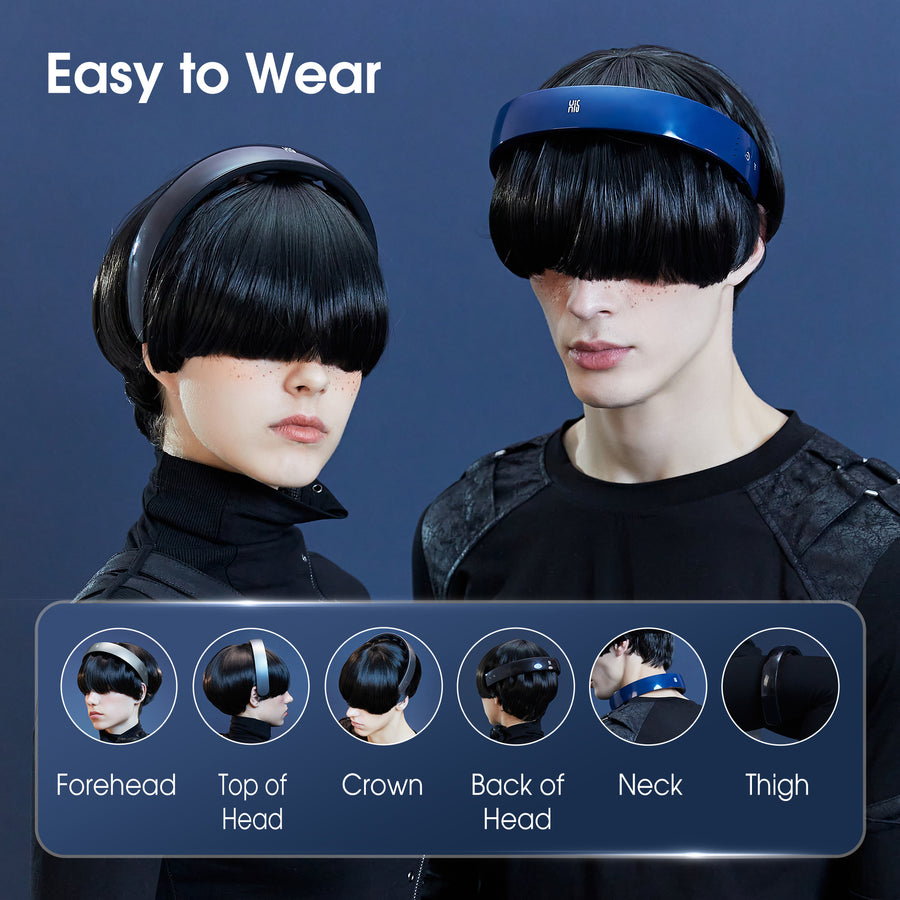 Person wearing a blue H1 Hands-Free Scalp Massager with text 'Easy to Wear' on a dark blue background.