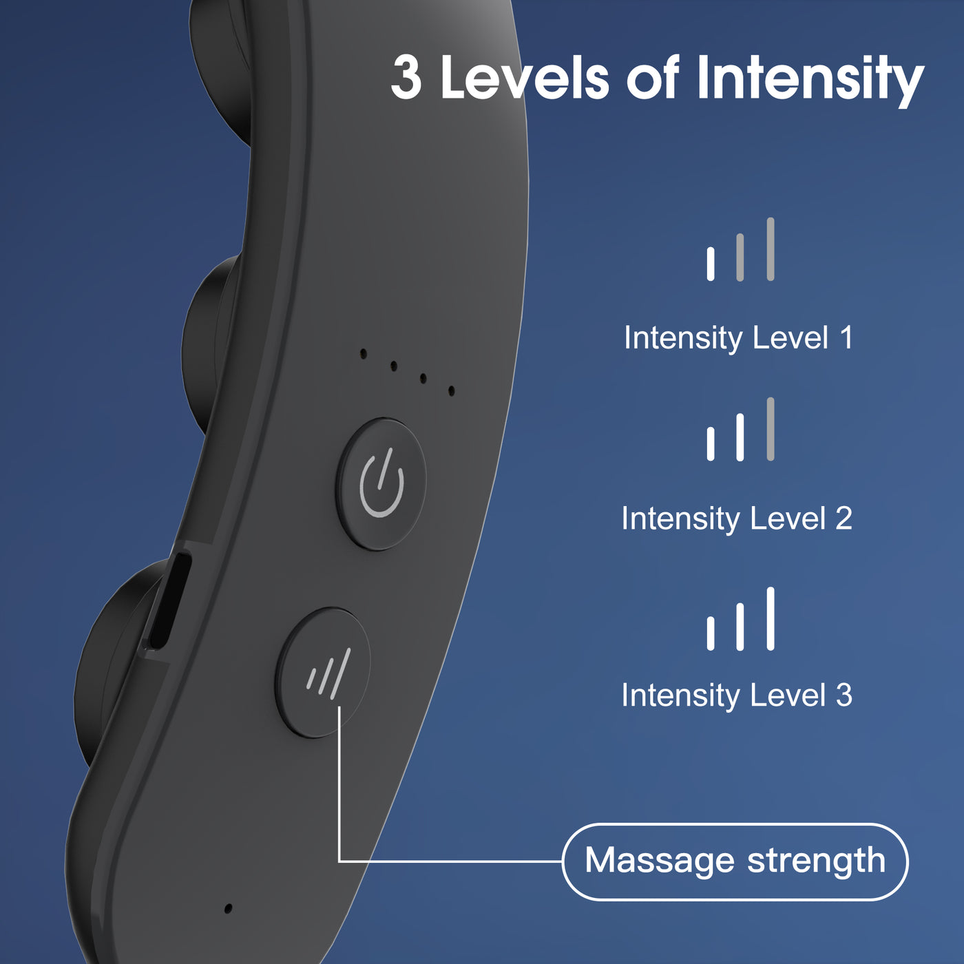 Black handheld device with massage strength control buttons on a blue background