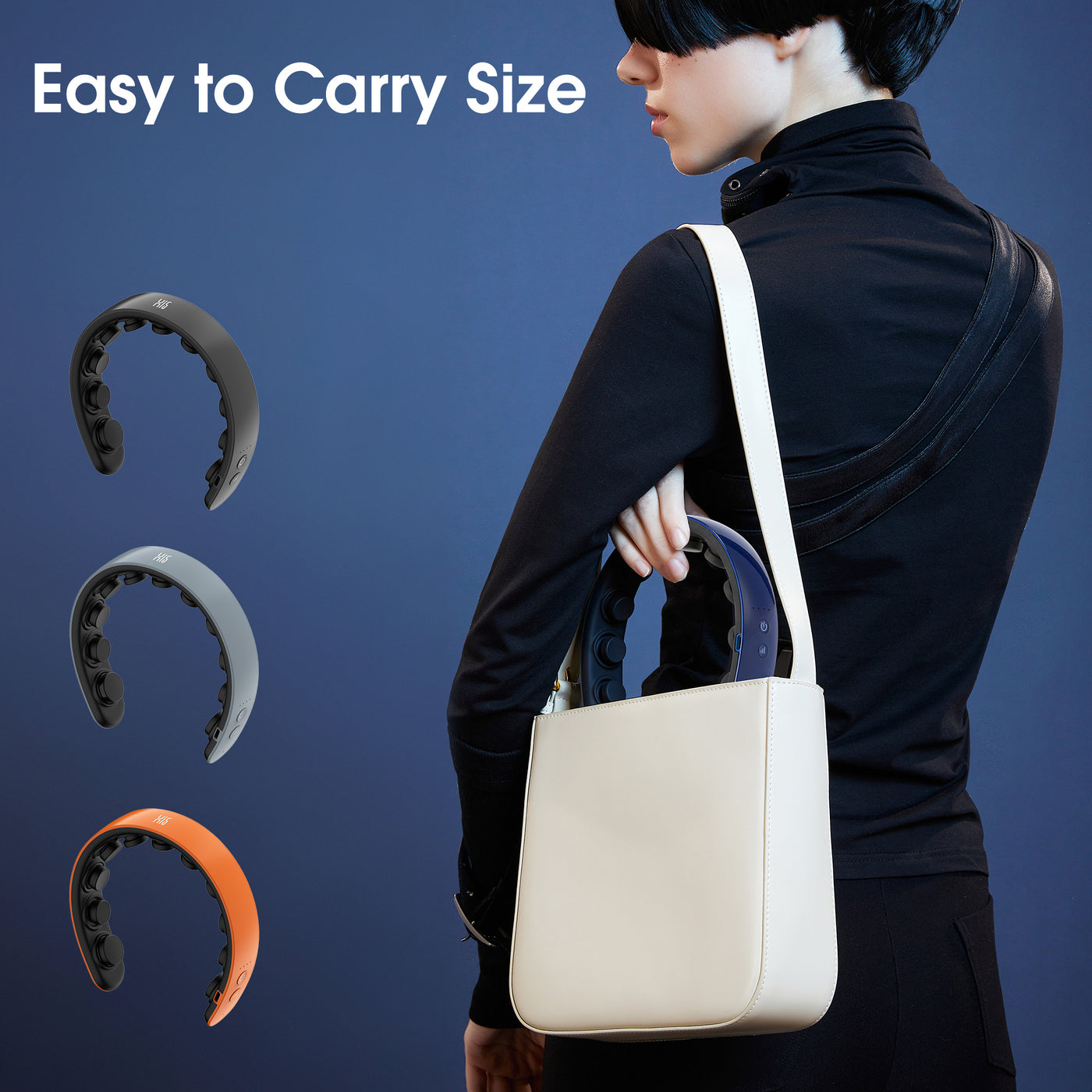 Person holding a beige handbag with H1 Hands-Free Scalp Massager
